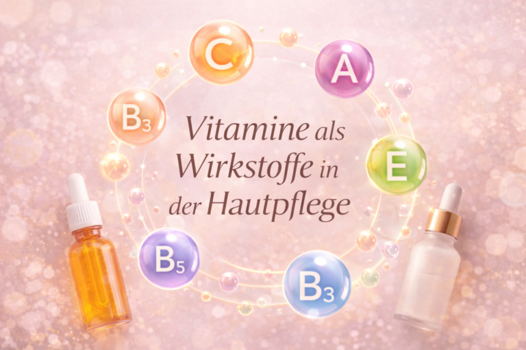 Grafisches Beitragsbild mit dem Titel „Vitamine als Wirkstoffe in der Hautpflege“ in der Mitte, umgeben von symbolischen Vitamin-Icons (A, C, E, B3, B5) in einem rosé-beigen Design. Im Vordergrund stehen hochwertige Serumfläschchen, die moderne Wirkstoffkosmetik und professionelle Hautpflege symbolisieren.