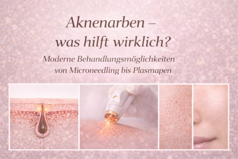 Beitragsbild zum Thema Aknenarben mit medizinischer Illustration eines Narbenquerschnitts, Plasmapen-Behandlung, Microneedling und geglätteter Hautstruktur in neutralen Beige- und Rosétönen. Symbolisiert moderne apparative Narbentherapie und Kollagenstimulation.