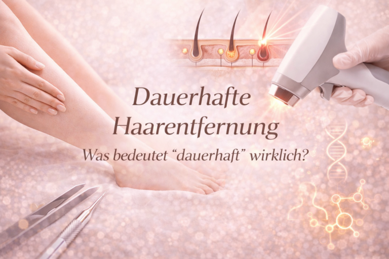Beitragsbild mit dem Titel „Dauerhafte Haarentfernung – Was bedeutet dauerhaft wirklich?“ auf rosé-beigem Hintergrund. Abgebildet sind ein modernes Lasergerät in Anwendung, eine glatte Beinpartie sowie eine grafische Darstellung des Haarfollikels mit Wachstumsphasen – Symbol für wissenschaftlich fundierte Laserhaarentfernung und langfristige Haarreduktion.