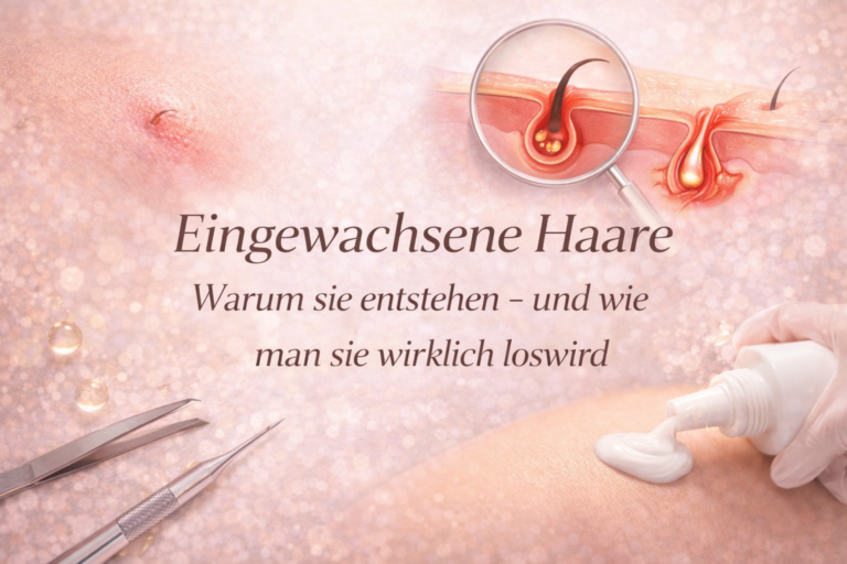 Beitragsbild mit dem Titel „Eingewachsene Haare – Warum sie entstehen und wie man sie wirklich loswird“ auf rosé-beigem Hintergrund. Zu sehen ist eine vergrößerte Illustration eines entzündeten Haarfollikels unter einer Lupe sowie eine beruhigende Hautpflegeanwendung, die Ursachen und Behandlungsmöglichkeiten eingewachsener Haare symbolisiert.
