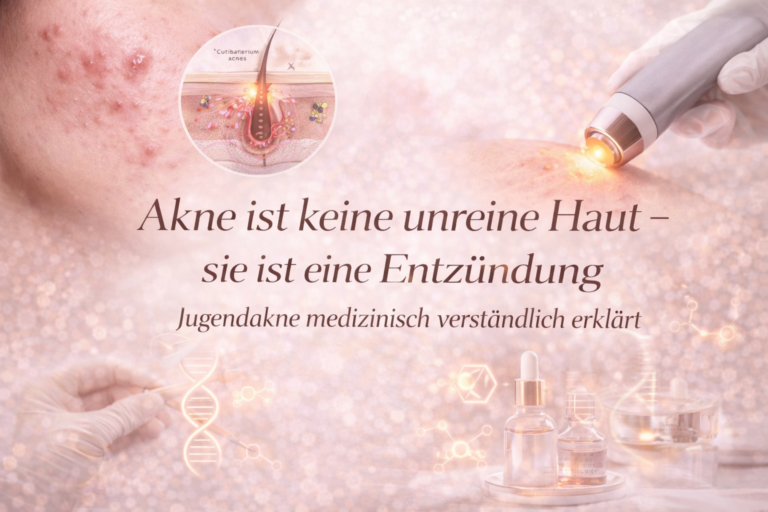 Beitragsbild mit dem Titel „Akne ist keine unreine Haut – sie ist eine Entzündung“ auf rosé-beigem Hintergrund. Zu sehen sind eine medizinische Illustration eines entzündeten Haarfollikels, eine Akne-Hautaufnahme sowie eine professionelle Hochfrequenzbehandlung. Das Bild symbolisiert die entzündliche Pathophysiologie der Jugendakne und moderne kosmetische Therapieansätze.