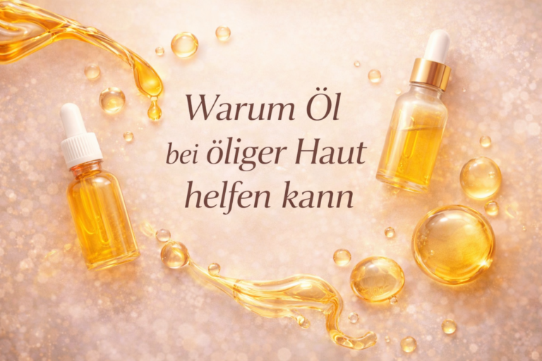 Beitragsbild mit dem Titel „Warum Öl bei öliger Haut helfen kann“ auf rosé-beigem Hintergrund. Goldene Öltropfen und hochwertige Serumfläschchen symbolisieren leichte, nicht-komedogene Gesichtsöle zur Regulierung von fettiger Haut und Stärkung der Hautbarriere.