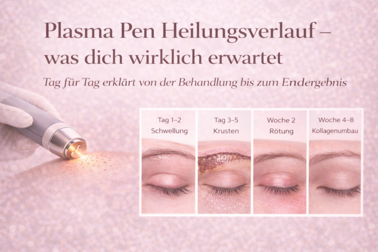 Beitragsbild zum Thema Plasma Pen Heilungsverlauf mit Darstellung einer Oberlid-Behandlung, sichtbaren Behandlungsdots sowie einer grafischen Übersicht der Heilungsphasen von Schwellung über Krustenbildung bis zum Kollagenumbau. Das Bild erklärt den zeitlichen Ablauf nach einer Plasma-Pen-Behandlung am Augenlid.