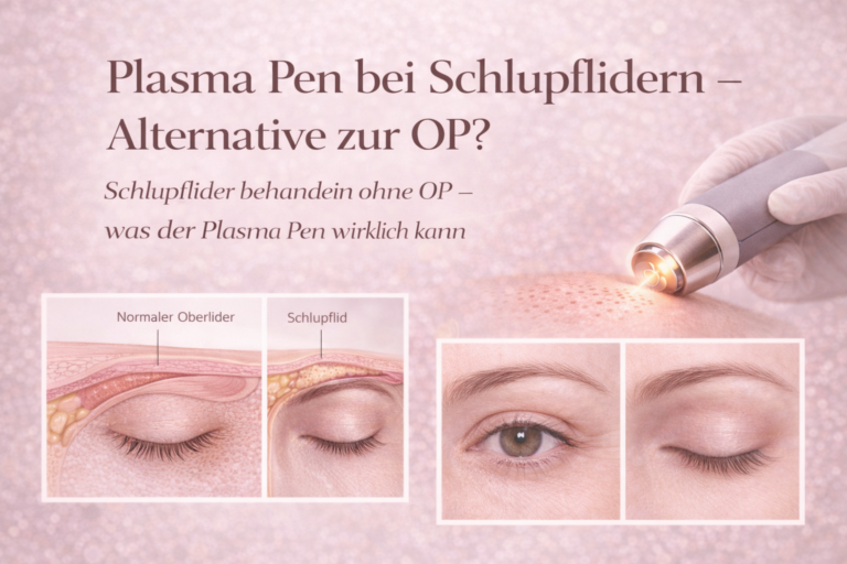 Beitragsbild zum Thema „Plasma Pen bei Schlupflidern“. Zu sehen ist eine Plasma-Pen-Behandlung am Oberlid, eine medizinische Illustration eines Schlupflids im Vergleich zu einem normalen Oberlid sowie eine Vorher-Nachher-Darstellung der Augenpartie. Das Bild symbolisiert die nicht-operative Lidstraffung mittels Plasma-Fibroblast-Technologie.