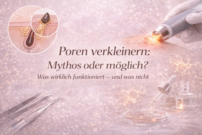 Beitragsbild mit dem Titel „Poren verkleinern – Mythos oder möglich?“ auf rosé-beigem Hintergrund. Zu sehen sind eine medizinische Illustration eines vergrößerten, talggefüllten Haarfollikels, eine Nahaufnahme von Haut mit sichtbaren Poren sowie apparative Behandlungen wie Radiofrequenz. Das Bild symbolisiert Ursachen und moderne Therapieansätze zur Porenverfeinerung.