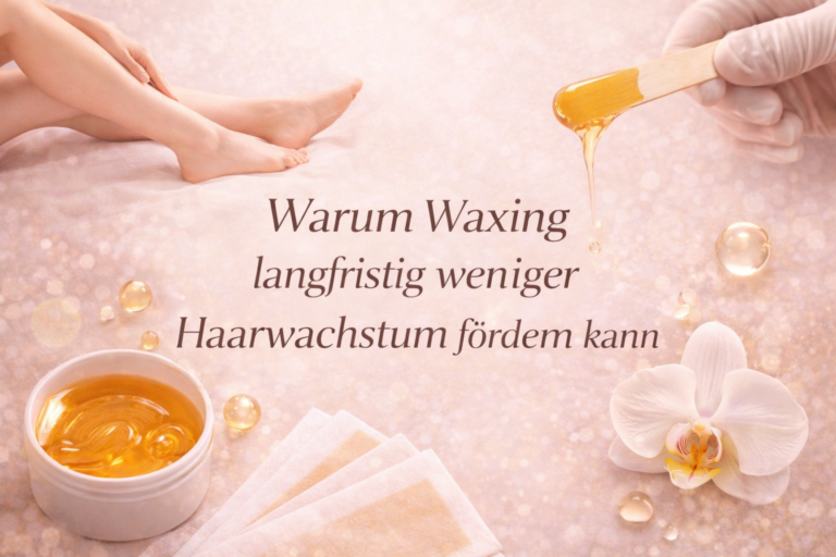 Beitragsbild mit dem Titel „Warum Waxing langfristig weniger Haarwachstum fördern kann“ auf rosé-beigem Hintergrund. Zu sehen sind goldener Warmwachs auf einem Spatel, ein Wachstiegel, Vliesstreifen und glatte Beine – Symbol für professionelle Haarentfernung und langfristige Haarreduktion durch Waxing.