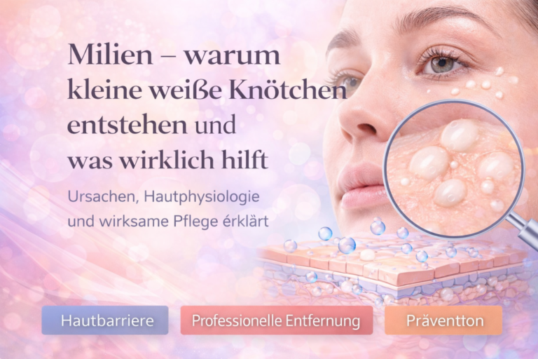Illustration von Milien auf der Haut mit Darstellung kleiner weißer Keratinzysten unter der Hautoberfläche sowie einer grafischen Darstellung der Hautstruktur. Das Bild erklärt die Entstehung von Milien und ihre Verbindung zur Hauterneuerung.