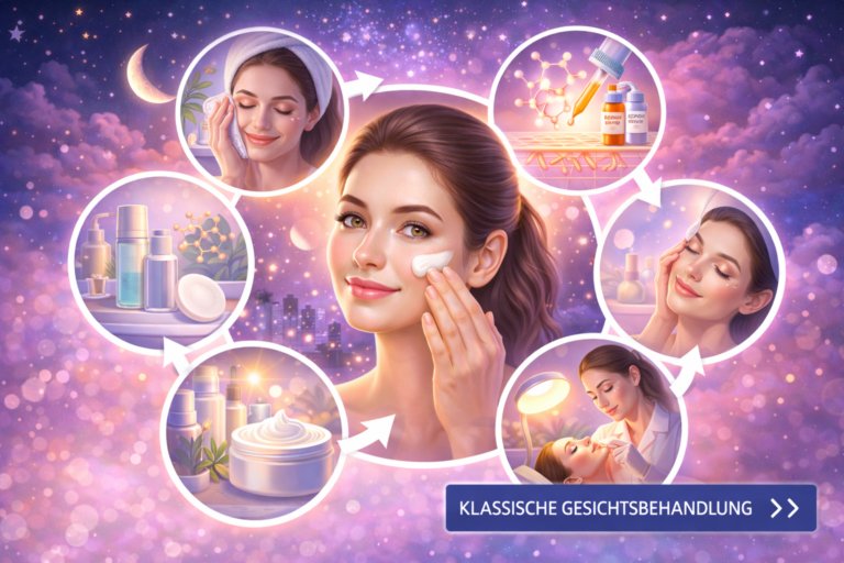 Farbenfrohe Infografik einer abendlichen Hautpflegeroutine mit einer Frau, die Nachtcreme aufträgt, umgeben von Illustrationen für Make-up-Entfernung, Serum, Augenpflege und Nachtcreme vor einem nächtlichen Hintergrund.