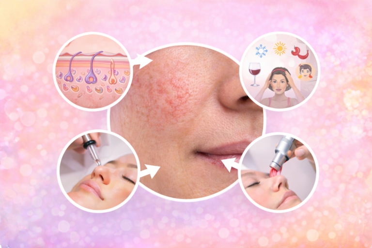 Infografik über Couperose mit Darstellung von sichtbaren roten Äderchen im Gesicht sowie Illustrationen der erweiterten Blutgefäße und möglicher Hautbehandlungen.