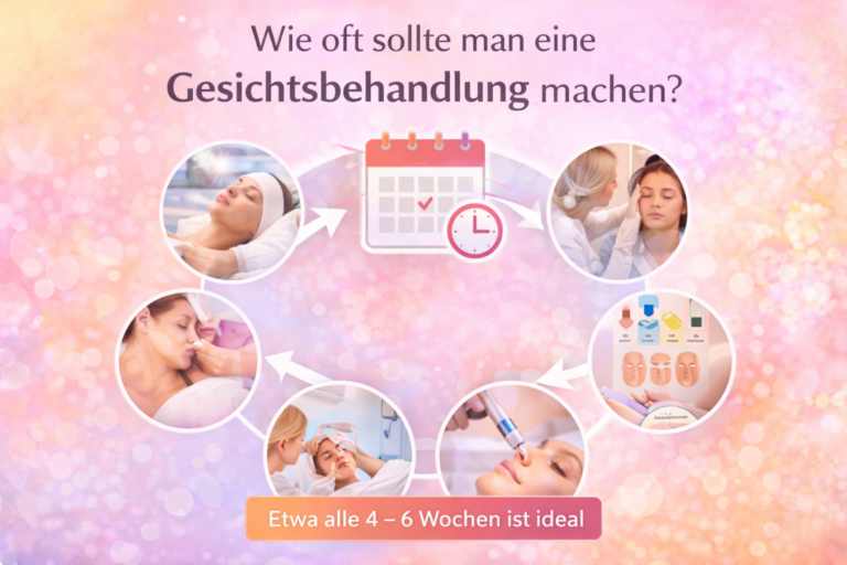 Infografik über die empfohlene Häufigkeit von Gesichtsbehandlungen mit Kalender-Symbol und verschiedenen kosmetischen Behandlungen. Das Bild erklärt, dass eine Gesichtsbehandlung etwa alle vier bis sechs Wochen sinnvoll ist.