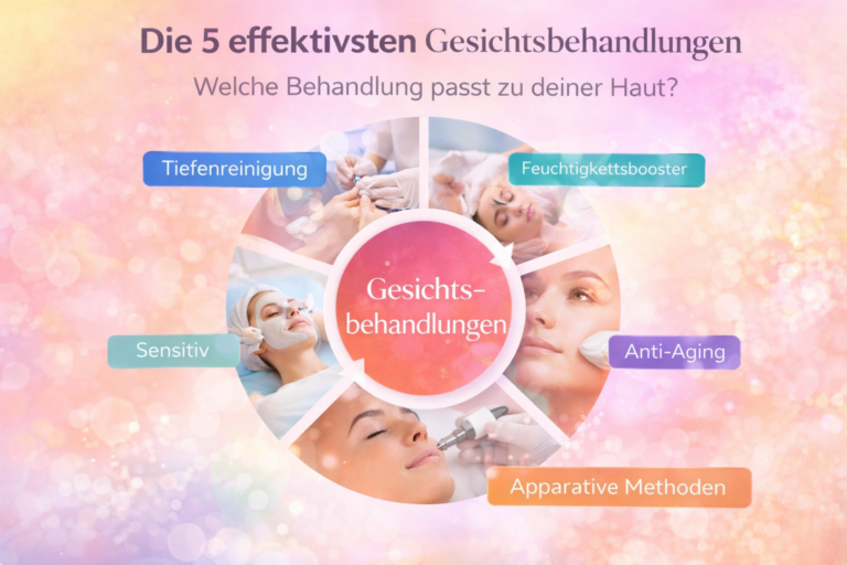 Farbenfrohe Infografik mit rundem Karussell über fünf Gesichtsbehandlungen wie Tiefenreinigung, Feuchtigkeitsbehandlung, Sensitivbehandlung, Anti-Aging und apparative Methoden. Das Bild erklärt verschiedene kosmetische Gesichtsbehandlungen und ihre Wirkung auf die Haut.