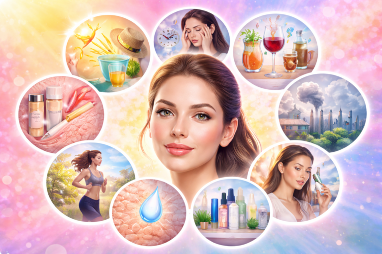 Farbenfrohe Collage mit einer Frau mit strahlender Haut in der Mitte, umgeben von verschiedenen Lifestyle-Elementen wie Sonne, Hautpflegeprodukten, Bewegung, Umwelt und Feuchtigkeit, die Faktoren darstellen, welche die Hautalterung beeinflussen können.