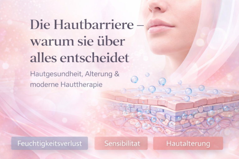 Illustration der Hautbarriere mit Darstellung der Hautschichten, Feuchtigkeitspartikeln und einer gesunden Gesichtshaut. Das Bild erklärt die Bedeutung der Hautbarriere für Hautgesundheit, Feuchtigkeitsverlust und Hautalterung.