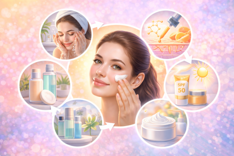 Farbenfrohe Infografik einer Hautpflegeroutine am Morgen mit einer Frau, die Creme aufträgt, umgeben von Symbolen für Reinigung, Toner, Vitamin-C-Serum, Feuchtigkeitscreme und Sonnenschutz.