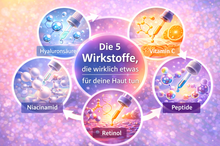 Farbenfrohe Infografik mit fünf wichtigen Hautpflege-Wirkstoffen wie Hyaluronsäure, Vitamin C, Niacinamid, Retinol und Peptiden, dargestellt durch Molekülstrukturen und Serum-Pipetten.