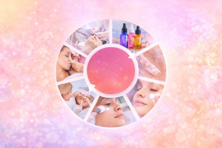 Farbenfrohe Infografik mit rundem Karussell über sieben häufige Hautpflegefehler wie aggressive Reinigung, zu viele Wirkstoffe, zu häufiges Peeling und fehlender Sonnenschutz. Das Bild zeigt typische Fehler in der Hautpflege und erklärt, wie man sie vermeiden kann.