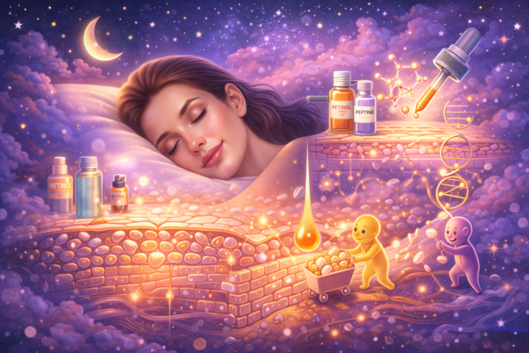 Fantastische Illustration einer schlafenden Frau unter einem Sternenhimmel mit einer Darstellung der Hautschichten und regenerierenden Hautzellen, die die nächtliche Hautregeneration symbolisieren.