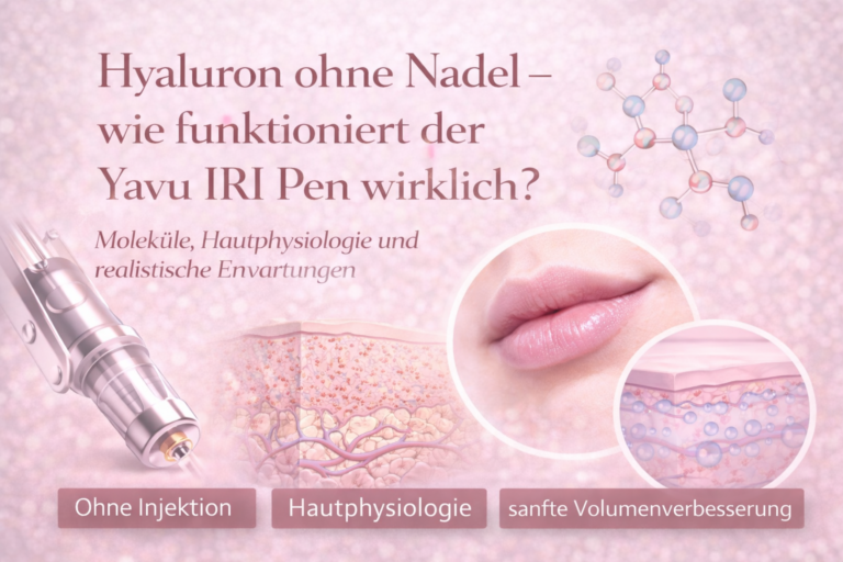 Beitragsbild zum Thema Hyaluron ohne Nadel mit Darstellung des Yavu IRI Pen, einer Hautquerschnitt-Illustration mit eingebrachter Hyaluronsäure sowie einer dezent betonten Lippenpartie. Das Bild symbolisiert die nadelfreie Hyaluron-Applikation zur sanften Volumenverbesserung und Hauthydration.